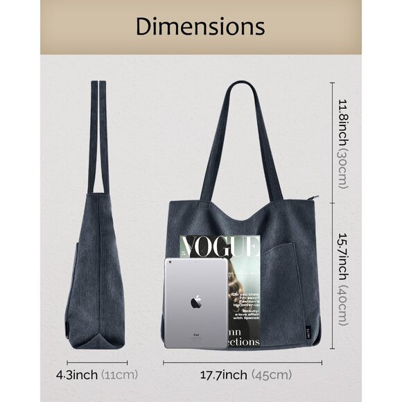 Women Grey Corduroy Large Shoulder Tote Shopping Bag with Zipper and Pockets - Picture 5 of 13